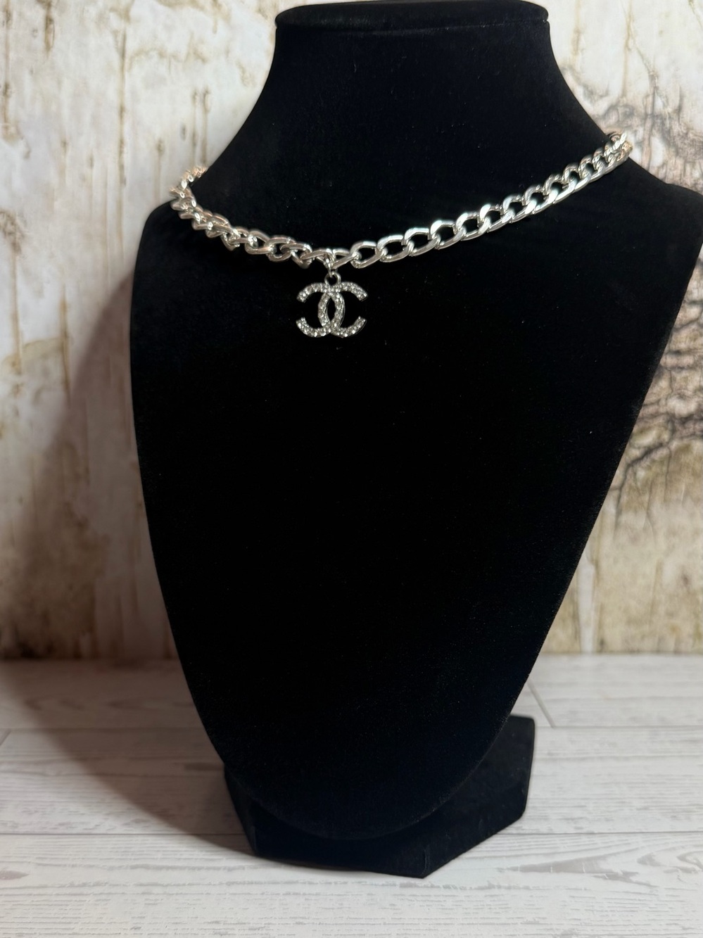 Silver Chain Necklace with Crystal Logo Pendant